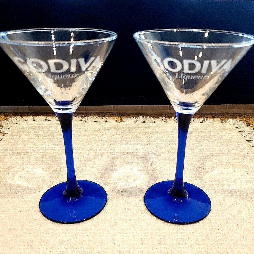 2 GODIVA Liqueur Clear Etched Martini Glasses w/Cobalt Blue Stem Luminarc France
